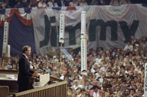 Jimmy Carter gives his acceptance speech after accepting the Democratic nomination for president on the convention floor