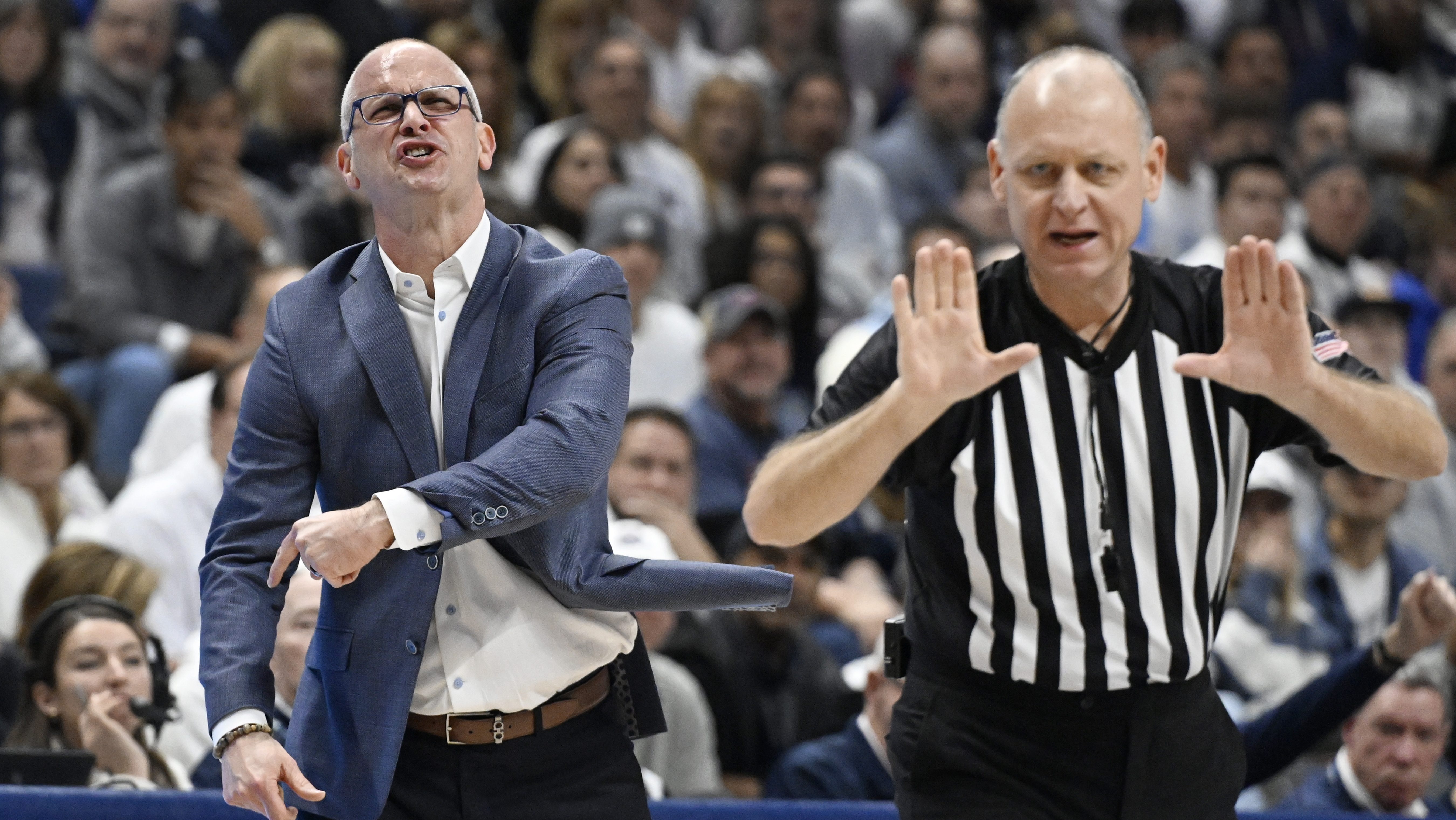 UConn head coach Dan Hurley, left, reacts to a call in the second half of an NCAA college basketball game against Creighton, Saturday, Jan. 18, 2025, in Storrs, Conn. (AP Photo/Jessica Hill)