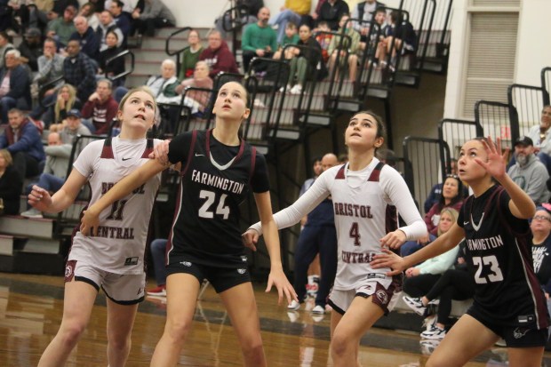 Farmington sophomore Ava Gaudet (24) played for the first time against her father, Steve Gaudet, who coaches Bristol Central. Bristol Central won the Bristol Central Holiday Tournament championship, 76-44 at Bristol Central High School Monday night. (Photo by David Greenleaf)