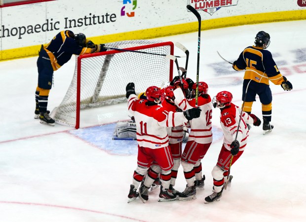 Hamden, CT 3/18/2024 - Cheshire celebrates its fifth goal to put the game out of reach for East Haven which had come back from a 4-0 deficit to close within one in the waning minutes of the game. Cheshire won the Division II hockey final 6-3 at Quinnipiac University. Stan Godlewski/Special to the Courant