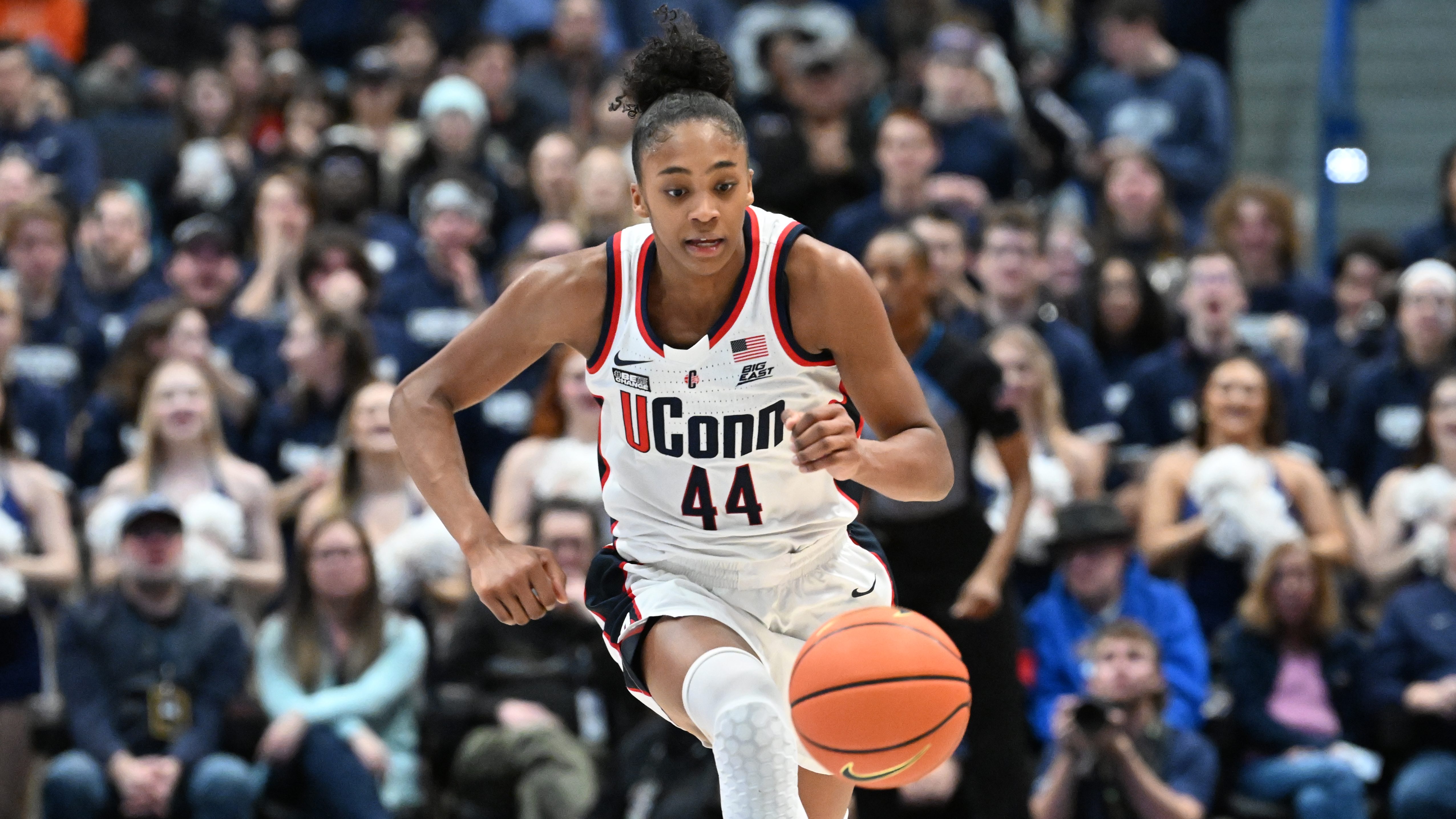 UConn Huskies guard Aubrey Griffin (44) returned to action after a year of recovery from major knee surgery. This cold be huge for the Huskies.