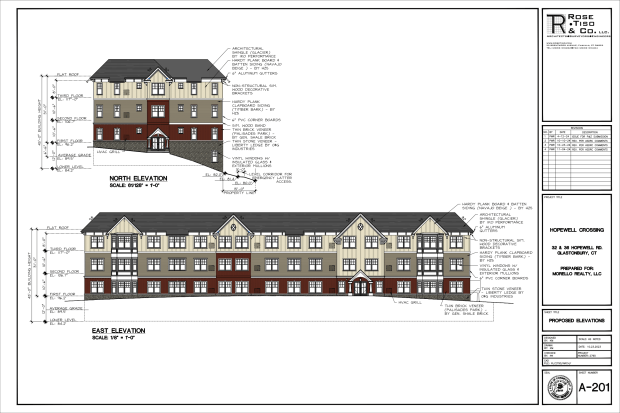 A rendering of the new building proposed as the centerpiece of Hopewell Crossing, an apartment complex that Morello Realty LLC wants to build in South Glastonbury. (Courtesy of Town of Glastonbury)